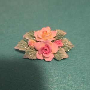 Pink and Green Porcelain Rose Brooch - Floral Women Jewelry